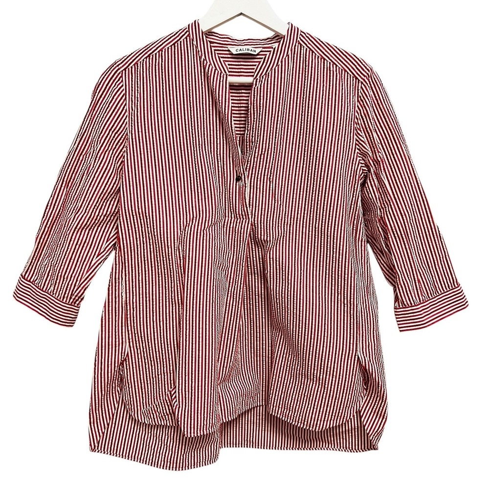 Caliban Tunic Blouse Womens 6 Red White Striped Seersucker Cotton Made in Italy